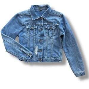 American Eagle Womens M Light Wash Distress Sequin Bead Y2K Denim Trucker Jacket